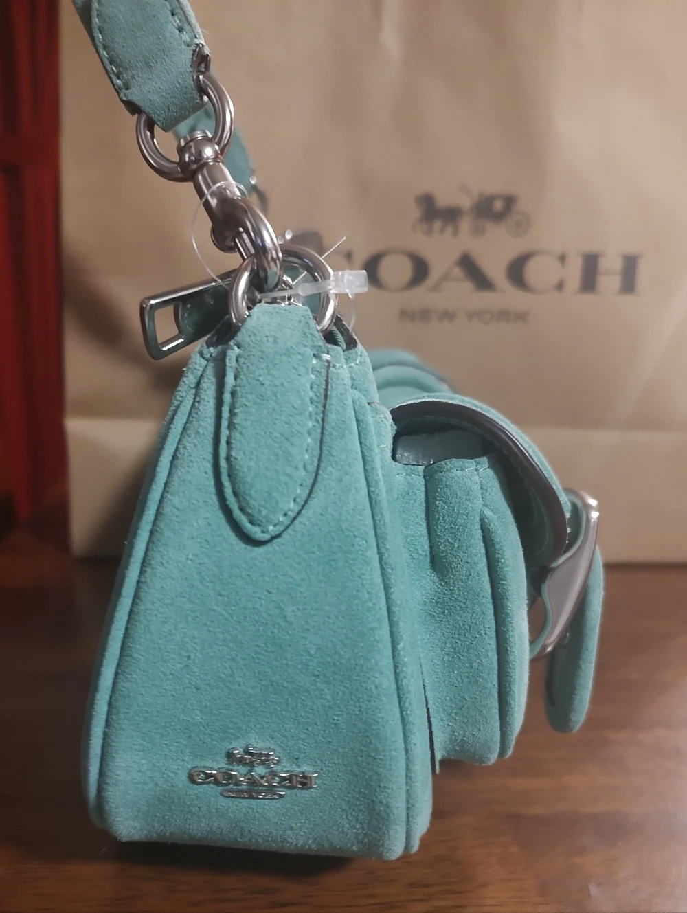 COACH Ashton Mint Green Suede Shoulder Bag with Front Buckle Pockets